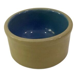 Vintage Stoneware Tan & Blue 4" Bowl Crock England Dog Cat Bowl Earthen